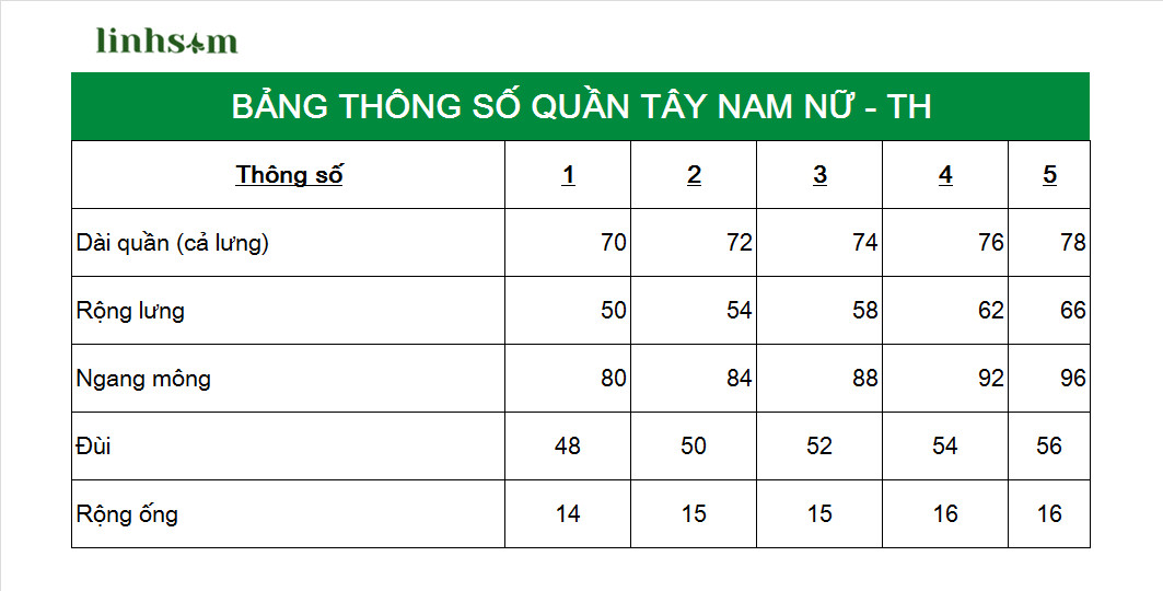 Bảng thông số quần tây nam nữ tiểu học