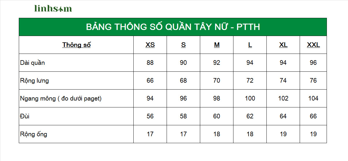 bảng thông số quần tây nữ ptth